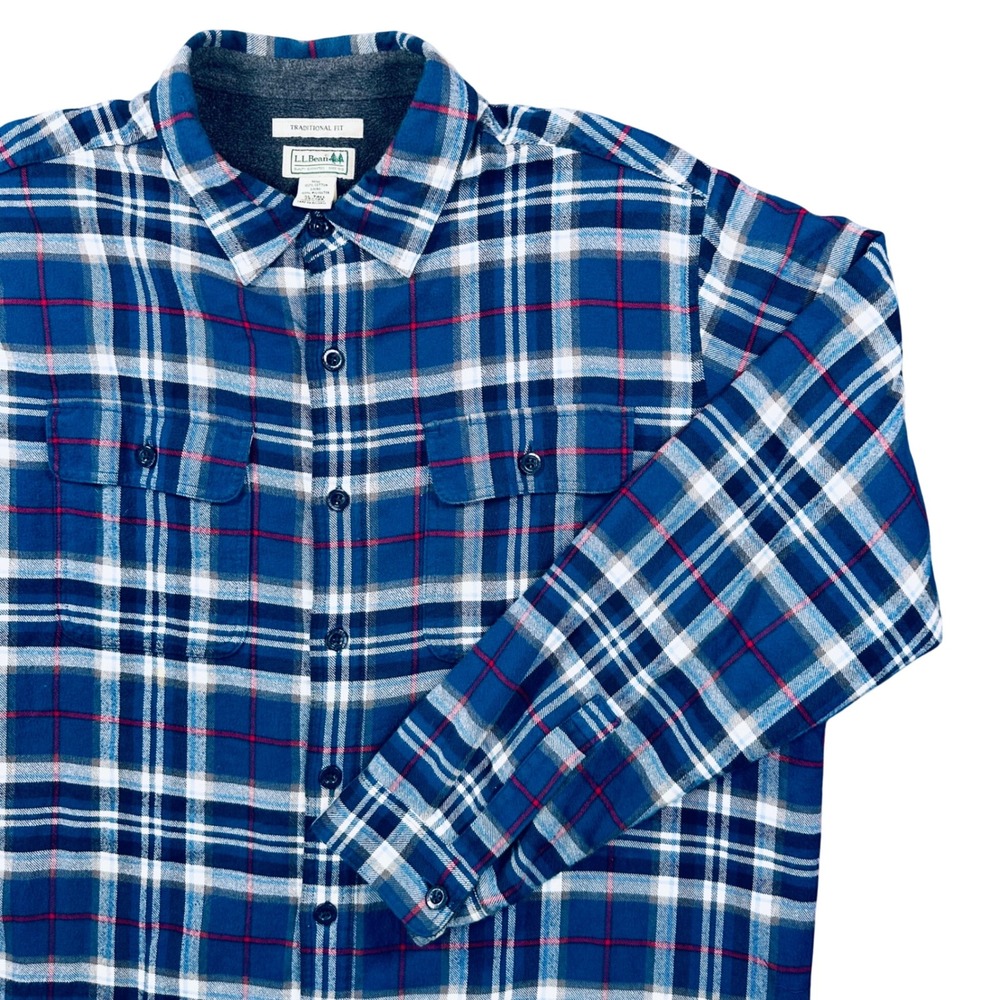 LL Bean Fleece-Lined Flannel Shirt Men's XLT‎ Blue Plaid Traditional Fit Shacket
